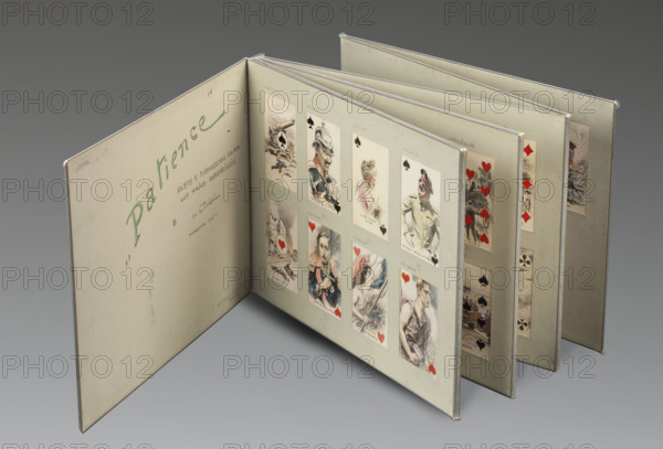 Solitaire - cards from the first two years of the European War, Tanski, Czeslaw (1862-1942), illustrator; playing cards, collectible stamps, games; Poland, World War I (1914-1918). The album 'Patience' consists of 53 playing cards with depictions related to World War I. The cards symbolically depict the countries participating in the war: their rulers, the commanders-in-chief of the individual armies, as well as warfare and its effects, such as the spraying of poison gas, soldiers manning anti-aircraft guns, the migration of displaced persons, and a field hospital set up in a church. The individual card suits correspond to the different powers: spades refer to Germany and Austria-Hungary, hearts represent France and Belgium, clubs symbolize Great Britain, and diamonds represent Russia. The last card in the deck is devoid of any suits, and therefore of any associations with the warring powers. It is an allegory of Peace – a woman in a white dress holding a branch in her hand, smashing a...