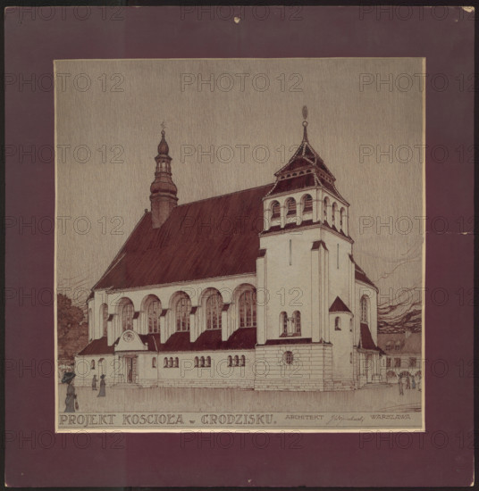 Grodzisk. Parish Church of St. Anne. Reconstruction project not realized. General view. Wojciechowski, Jaroslaw (1874–1942). Grodzisk Mazowiecki (Masovian Voivodeship). Churches. Towns. Modernism, traditionalism. 1913. Drawing; architectural drawing/design. Height 54.7 cm, width 53.7 cm., The image shows an architectural drawing of a large church building with a steep dark roof and a tall tower topped with a spire; the main structure is light-colored with a series of arched windows along its side and a lower entrance section with smaller arches. Several small human figures are visible near the building, and a group of trees appears in the background. The drawing is framed by a wide maroon border and a thin cream inner mat; the visible colors include maroon, cream, beige, dark brown, and muted gray.
