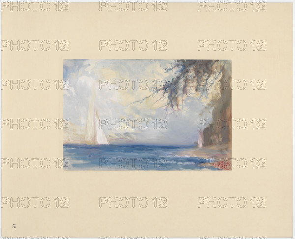 Seaside landscape with a sailboat, Gawinski, Antoni (1876–1954), painter; Paderewski, Ignacy Jan (1860–1941); seaside landscapes; Poland; Polish drawings; landscapes; collection signs; TZSP Artists' Portfolio - a gift for Ignacy Jan Paderewski (1931); 1931; portfolio; drawing; gouache