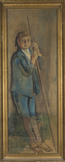 Portrait of a Boy in Blue — Julian Falat (1853–1929), painter; 1911; watercolor drawing; portrait of a child, full-length portrait; Polish.