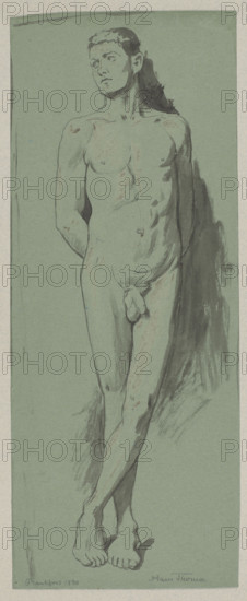Male nude by Hans Thoma (1839–1924), figure study of a male nude, drawing, 1890, Germany. Height 47.8 cm, width 18.8 cm.