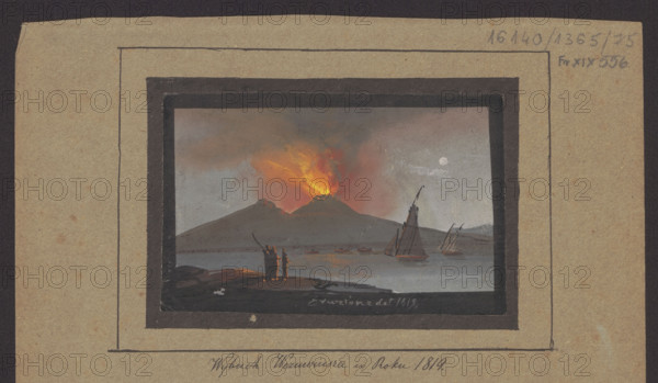 The eruption of Vesuvius in 1819; Camillo de Vito (fl. 1794–1845), draughtsman; subject: Vesuvius (Italy), eruptions, nocturne landscape/seascape of the Bay of Naples, Naples, 1819; drawing; height 7.3 cm, width 11.5 cm