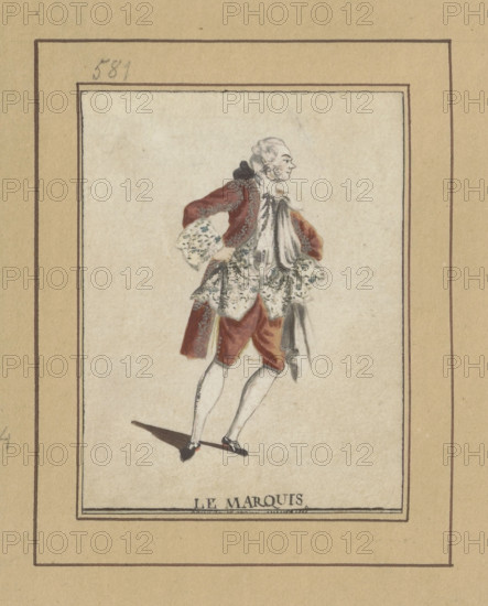 Actor in the role of the Marquis; draughtsman Janinet, Jean-François (1752–1814), after; character studies; French drawing of a theatrical item; men, actors; Lesage, Alain René (1668–1747). Turcaret or Financier; Levacher de Charnois, Jean-Charles (1750?–1792); after 1789, France; drawing; height 8.4 cm, width 6.9 cm