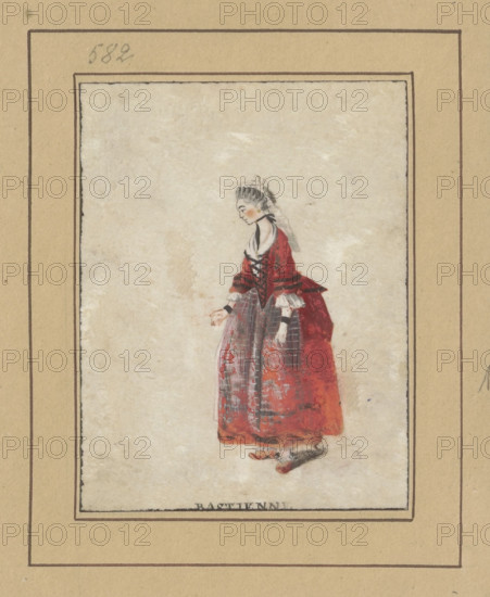 Actress in the role of Bastienne; draughtsman Janinet, Jean-François (1752–1814), after Levachez, Charles-Francois-Gabriel (fl. 1780–1820), publisher; subject: Bastienne (from Les Amours de Bastien et Bastienne); related names: Favart, Justine (1727–1772); Levacher de Charnois, Jean-Charles (1750?–1792); date: after 1789; place: France; medium: drawing; dimensions: height 8.5 cm, width 6.6 cm; motifs: women, actresses, figural studies; inscription/legend: Bastienne.
