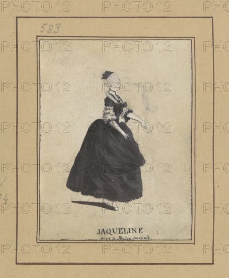 Jacqueline in the art of Maitre en droit, Janinet, Jean-François (1752-1814); French drawings; Lemonnier, Pierre René (1731-1796); Maitre en droit; actresses; theatrical items; revindication; women; figurative studies; Levacher de Charnois, Jean-Charles (1750?-1792); after 1789; France; drawing; height 8.5 cm; width 6.4 cm