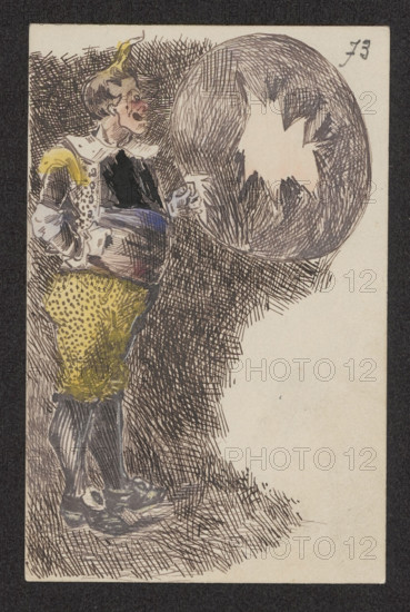 Clown with a Hoop, illustrator, clowns, French drawings, theater costumes, actors, clowns, ca. 1900, France, drawing, height 12.1 cm, width 7.8 cm