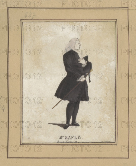 The actor in the role of Monsieur Rafle in the play Turcaret, or The Financier; drawing by Jean-François Janinet (1752–1814) after Alain-René Lesage (1668–1747) and Levacher de Charnois, Jean-Charles (1750?–1792), after 1789; figural study of a man; French drawing; height 8.5 cm, width 7.1 cm.