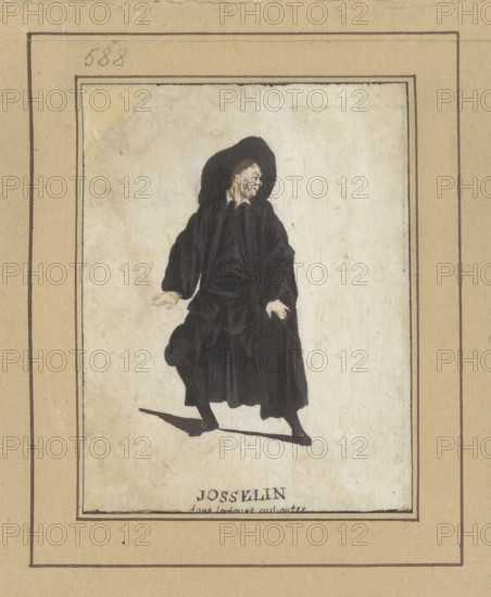 Actor in the role of Josselin in the play La coupe enchantée, draughtsman Janinet, Jean-François (1752-1814); draughtsman; actors; French drawings; theatrical items; revindication; Fontaine, Jean de la (1621-1695), Josselin (lit.); figurative studies; men; La coupe enchantée; Champmeslé, Charles Cheville de (1642-1701). La coupe enchantée; Levacher de Charnois, Jean-Charles (1750?-1792); Champmeslé, Charles Cheville de (1642-1701); after 1789; France; drawing; height 8.7 cm; width 7 cm
