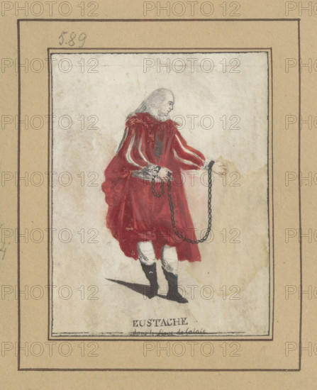 Actor in the role of Eustace in the play Le siège de Calais; draughtsman Jean-François Janinet (1752–1814); figural study of actor Belloy (Dormont de, 1727–1775) as Eustace; after 1789, France; drawing; height 8.5 cm, width 7.2 cm.