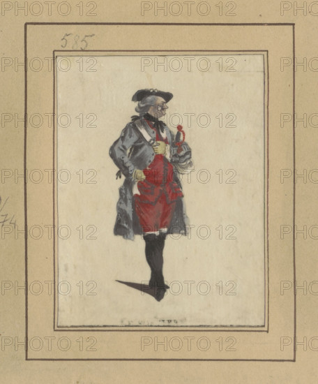Actor in the role of Julien (Bastien) in the opera Le sorcier by Philidor and Poinsinet; draughtsman Janinet, Jean-François (1752–1814); theatrical subject, figural study; related names: Philidor, François-André (1726–1795) and Poinsinet, Antoine-Alexandre-Henri (1735–1769); Levacher de Charnois, Jean-Charles (1750?–1792), after 1789; France; drawing; height 8.4 cm, width 7.2 cm.