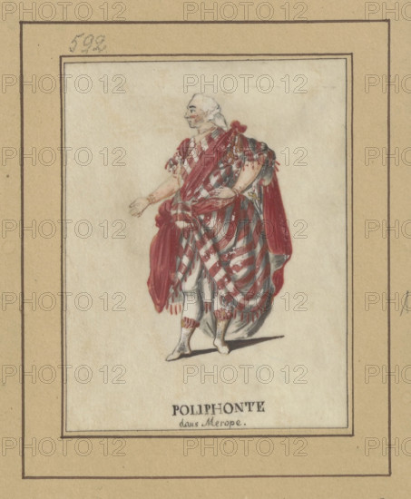 Actor in the role of Polyphonte in the play Merope; draughtsman: Janinet, Jean-François (1752–1814); subject: actors, Polyphonte, theatrical plays, Voltaire (1694–1778); related figure: Levacher de Charnois, Jean-Charles (1750?–1792), after 1788; France; drawing; height 8.6 cm, width 6.9 cm.