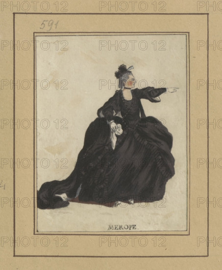 Actress in the role of Merope; draughtsman Janinet, Jean-François (1752–1814); subject: actresses, theatre; related to Voltaire's Mérope (1694–1778); figurative studies; associated artist Levacher de Charnois, Jean-Charles (1750?–1792), after 1788; France; drawing; height 8.6 cm, width 6.8 cm.