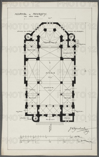 Psary. Church. Bottom plan; Wojciechowski, Jaroslaw (1874–1942); churches; Psary (Greater Poland Voivodeship); architectural designs; towns; modernism (style); bottom scale: 10 meters = 6 cm; 30 Polish ells = 10.2 cm; explanations; 1909; drawing; architectural drawing; architectural design; height 36.5 cm; width 23 cm
