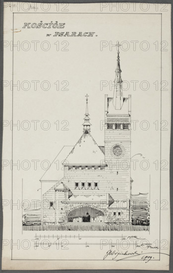 Psary. Church. Front elevation. Wojciechowski, Jaroslaw (1874-1942). Churches. Psary (Greater Poland Voivodeship). Architectural designs; elevations; towns. Modernism (style). Scale: 10 meters = 6 cm; 30 Polish ells = 10.2 cm. 1909. Drawing; architectural drawing; architectural design. Height 36.7 cm; width 23 cm.