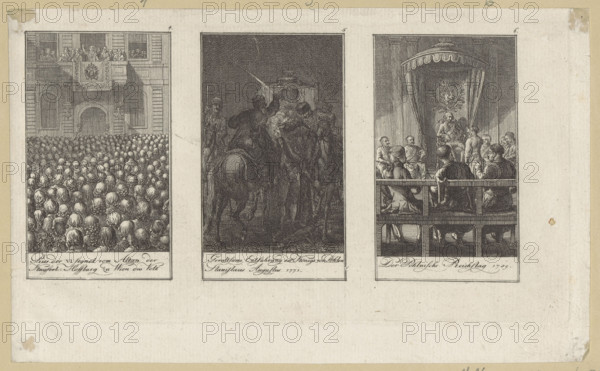 Three illustrations for contemporary history: Pope Pius VI blesses the people from the balcony of the Imperial Palace in Vienna; The kidnapping of King Stanislaw August in 1771; The proceedings of the Polish Sejm in 1789. Artist: Daniel Nicolaus Chodowiecki (1726–1801), graphic artist. Subjects/styles: illustrations, genre scenes, assassinations, palaces, parliaments. Persons depicted/iconography: Pius VI (1717–1799); Stanislaw August Poniatowski (King of Poland, 1732–1798). Historical contexts: The Abduction of King Stanislaw August (1771); Bar Confederation (1768–1772); The Four-Year Sejm (1788–1792). Date: 1789. Medium: graphic print. Dimensions: 11.3 × 20 cm; 12.7 × 20.6 cm. Language: German. Inscriptions/notes: revindication.