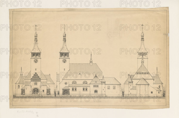 Brzeznica. Church. Front elevation, side elevation, rear elevation. Wojciechowski, Jaroslaw (1874–1942). Brzeznica (Masovian Voivodeship). Modernism, traditionalism, neo-Romanesque architecture. 1911. Drawing; architectural drawing/design. Height 38 cm, width 61 cm.