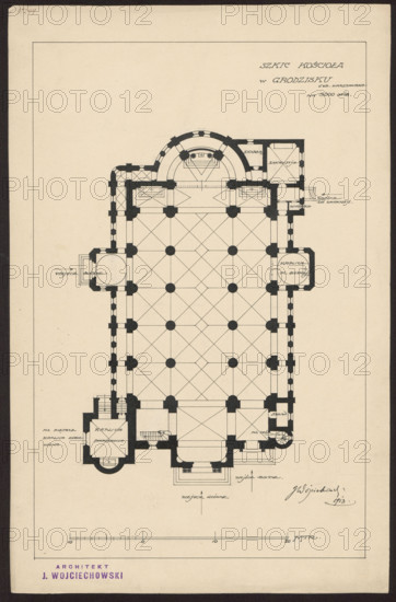 Grodzisk. Parish Church of St. Anne. Reconstruction project never realized. Bottom plan. Wojciechowski, Jaroslaw (1874–1942). Churches, Grodzisk Mazowiecki (Masovian Voivodeship). Modernism, traditionalism. Scale in meters at the bottom. 1913. Drawing; architectural design; architectural drawing. Height 40.7 cm; width 26.3 cm.