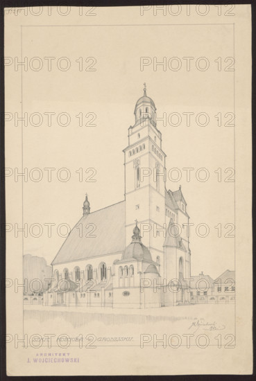 Grodzisk. Parish Church of St. Anne. Reconstruction project not realized. General view. Wojciechowski, Jaroslaw (1874–1942). Churches, Grodzisk Mazowiecki (Masovian Voivodeship). Modernism, traditionalism. 1913. Drawing; architectural drawing/architectural design. Height 39.7 cm, width 26.3 cm.