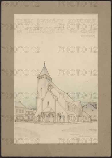 Czestochowa. Church in Raków. Unrealized project. General view. Wojciechowski, Jaroslaw (1874–1942). Architecture; churches. Towns; Czestochowa (Silesian Voivodeship). Modernism (style). 1911. Architectural design; architectural drawing; drawing. Height 34.5 cm; width 22.4 cm.