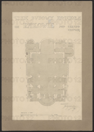Czestochowa. Church in Raków. Unrealized project. Bottom plan. Wojciechowski, Jaroslaw (1874–1942). Towns, Czestochowa (Silesian Voivodeship). Modernism (style). 1911. Drawing; architectural drawing; architectural design. Height 34.5 cm; width 22.3 cm.