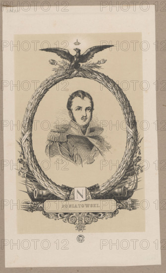 Bust of Prince Józef Poniatowski, graphic artist; subject: Poniatowski, Józef Antoni (1763–1813) in panoply with laurel wreath and Order of the Legion of Honour; Napoleonic era (1799–1815); attribute: Napoleon I Bonaparte (1769–1821) referenced; style: French graphics, male portrait bust; maker: Witke-Jezewski, Dominik (1862–1944); function: cover of the prospectus of the publishing house A. Thiers, Le Consultant et l'Empire, Paris, 1846–1862; medium: graphic print; dimensions: 20.7 × 13.6 cm and 27 × 16.1 cm; Poland/Paris.