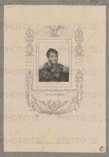 Portrait of Prince Józef Poniatowski; publisher: Danlos (Paris); draughtsmen: Charles-Ernest Clerget (1812-?), Jean-Alexandre Allais (1792-1850); subject: Poniatowski, Józef Antoni (1763-1813); Napoleonic era (1799–1815); iconography: eagles, busts, panoplies, orders; genre: male portrait, French graphic print; date: 1828; place: Paris; dimensions: height 21.2 cm, width 14.6 cm.