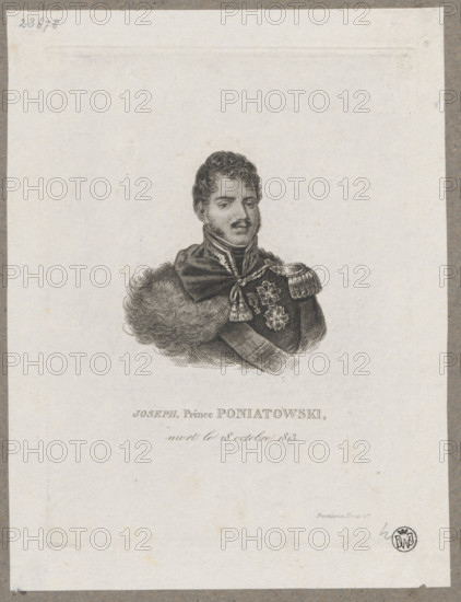 Portrait of Prince Józef Poniatowski; graphic artist: Poniatowski, Józef Antoni (1763–1813); Napoleonic era (1799–1815); artist: Witke-Jezewski, Dominik (1862–1944); iconography, portraits; orders, busts; Poland; French graphic art; date: 1820–1840; medium: graphic print; dimensions: 16.2 × 11.8 cm and 18.6 × 14.1 cm.