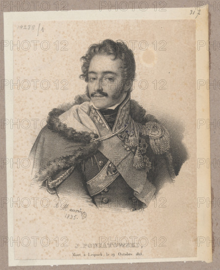 Portrait of Prince Józef Poniatowski; artist: Antoine Maurin (1793–1860), graphic artist; subject: Józef Antoni Poniatowski (1763–1813) — iconography, Napoleonic era (1799–1815); related person: Ludwik Wladyslaw Szwede (1876–1913); French graphic, male portrait; Poland; 1835, Paris; graphic print; dimensions: 14.6 × 11.0 cm and 16 × 12.2 cm.