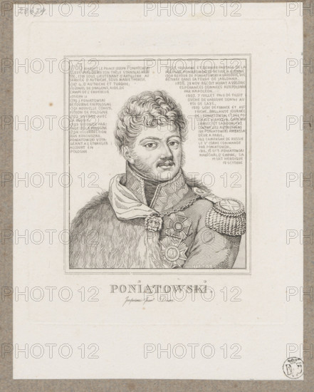 Portrait of Prince Józef Poniatowski; artists: Antoni Oleszczynski (1794–1879), Fabian Sarnecki (1800–1894); subject: Józef Antoni Poniatowski (1763–1813); Napoleonic era (1799–1815); iconography: portraits, busts; portrait by Dominik Witke-Jezewski (1862–1944); orders; Polish graphic art; male portrait; date: 1832–1833; place: Paris; medium: graphic art, print; dimensions: 11.2 × 9.5 cm and 13.8 × 10.7 cm.