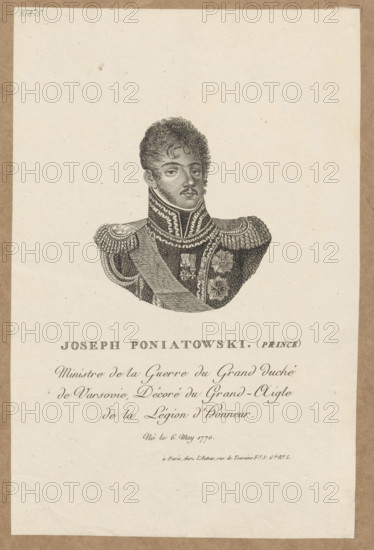 Portrait of Prince Józef Poniatowski; Juliannau (fl. ca 1810), publisher; Juliannau (fl. ca 1810), graphic artist. Subject: Poniatowski, Józef Antoni (1763–1813) — Napoleonic era (1799–1815); iconography: portraits, busts, orders; male portrait; Poland; French graphics. Inscription/attribute: Order of the Legion of Honor. Date: after 1806. Place: Paris. Medium: graphic print. Dimensions: height 21.3 cm, width 14 cm.