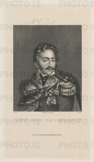 Portrait of Prince Józef Poniatowski; publisher: Richter'schen Buchhandlung (Berlin, fl. ca. 1840); graphic artist: Linsen, L. (fl. ca. 1839–1856); subject: Poniatowski, Józef Antoni (1763–1813), Napoleonic era (1799–1815); iconography: portraits, busts, orders; artist/busts: Witke-Jezewski, Dominik (1862–1944); German graphics, 1840; graphic print; dimensions: 20.8 × 11.7 cm and 24.5 × 18.2 cm.