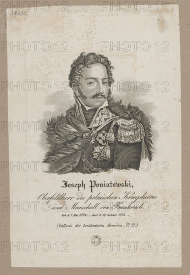 Portrait of Prince Józef Poniatowski; graphic artist; Józef Antoni Poniatowski (1763–1813); Napoleonic era (1799–1815); Dominik Witke-Jezewski (1862–1944); iconography; portraits; busts; orders; male portrait; German graphics; Polish; 2nd quarter of the 19th century; graphic print; height 15.9 cm, width 11.2 cm; height 20.7 cm, width 13.5 cm
