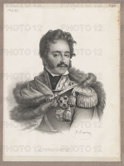 Portrait of Prince Józef Poniatowski; artist: Antoine Maurin (1793–1860), graphic artist; subject: Józef Antoni Poniatowski (1763–1813), Napoleonic era iconography; style: French print, graphic print; genre: male portrait; date: 1835, Paris; inscriptions/notes: Szwede, Ludwik Wladyslaw (1876–1913) — busts, orders; dimensions: 14.4 × 12.0 cm and 17.3 × 13.4 cm.