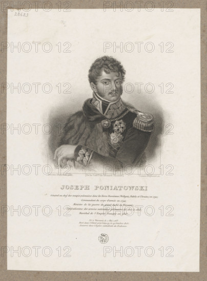 Portrait of Prince Józef Poniatowski; graphic artist James Hopwood (ca. 1795–1855; young), painter Antoni Brodowski (1784–1832), publisher Leonard Chodzko (1800–1871). Subject: Poniatowski, Józef Antoni (1763–1813) — Napoleonic era (1799–1815); iconography of Józef Antoni Poniatowski. Includes depiction related to Dominik Witke-Jezewski (1862–1944) — busts; portraits; orders; men's portraits; Polish, French graphics; Order of the Legion of Honor. Date: 1839–1841, Paris. Medium: graphic print. Dimensions: height 21.1 cm, width 15.5 cm.