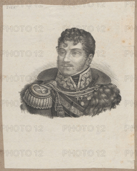 Portrait of Prince Józef Poniatowski; lithograph attributed to Józef Kosminski, lithographic workshop, ca. 1828–1845; publisher Ludwik Horwart (fl. 1821–1837). Subject: Poniatowski, Józef Antoni (1763–1813), depicted with busts and orders; Napoleonic era. Graphic artist Méyet, Leopold noted. Genre: male portrait, Polish graphic art, portraits, iconography. Medium: lithograph/graphic print; filigree (JOW). Date: 1829. Place: Warsaw, Poland. Dimensions: print 10.3 × 11.7 cm; overall 19.1 × 15.1 cm.
