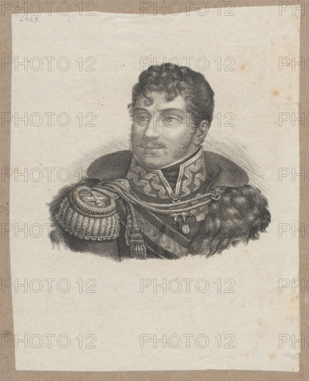 Portrait of Prince Józef Poniatowski; lithograph by Józef Kosminski (Warsaw; lithographic workshop; ca. 1828–ca. 1845); publisher Ludwik Horwart (fl. 1821–1837); graphic artist Méyet, Leopold (1850–1912) noted in association; subject: Poniatowski, Józef Antoni (1763–1813) — Napoleonic era; depiction includes bust, orders; portrait, male; Polish graphic art; filigree (JOW); dated 1829, Warsaw; graphic print. Dimensions: 10.3 × 11.7 cm; framed/matted 19.1 × 15.1 cm.