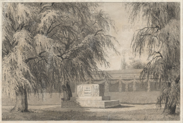 Monument erected to Prince Józef Poniatowski in Leipzig; lithograph by J.G. Fritzsche (lithographic workshop), after Carl Patzschke (1813–1871) and Louis Rocca (fl. ca. 1850–ca. 1870), ca. 1860. Depicts the monument in the Reichenbach-Gerhard garden (Leipzig) with trees; subject: monuments, Poniatowski, Józef Antoni (1763–1813), Napoleonic era (1799–1815), death. Includes coats of arms, Poland, White Eagle. German graphic print; graphic print dimensions: 16.5 × 21.0 cm; overall: 28 × 37.1 cm.