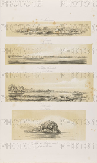 Gurupa, December 25, 1842; Ilha Tarazeda, November 30, 1842; Villarinho, November 30, 1842; Ilha do Chapeo Virado, November 30, 1842. Adalbert (Prince of Prussia; 1811–1873), draughtsman; Julius Friedrich Tempeltei (1802–1870), draughtsman. Brazil, South America; travels; German graphics; lithographs; exoticism; jungle; countryside; rivers; travel diaries; illustrations; Amazon (Brazil, river); equatorial forests; views; 1847. Graphic print, album sheet. Overall sheet: height 50.9 cm, width 35.2 cm. Compositions (panels): 4.6 × 26.1 cm; 6.5 × 26.9 cm; 9.1 × 27.2 cm; 9.3 × 22.8 cm.
