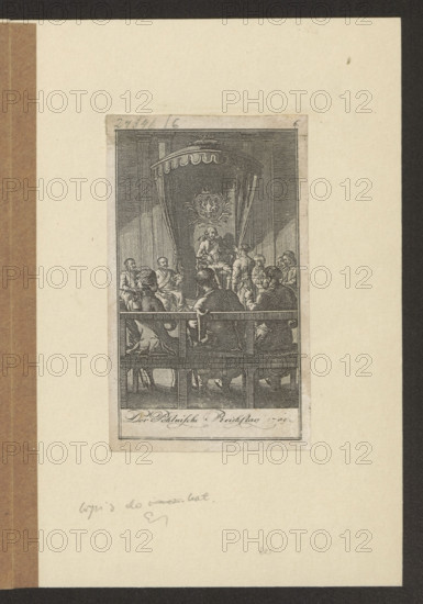 Proceedings of the Polish Sejm 1789; artist: Daniel Nicolaus Chodowiecki (1726–1801), graphic artist; subject: illustrations of furniture, men, genre scenes, parliaments, deputies; depicts Stanislaw August Poniatowski (King of Poland, 1732–1798); motifs: benches (furniture), White Eagle (coat of arms); period: Four-Year Sejm (1788–1792), dated 1789; medium: graphic print; place: Gotha; dimensions: height 9.5 cm, width 5.7 cm.