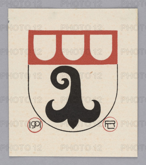 Heraldic bookplate by Lorenz Max Rheude (1863–1939), graphic artist; heraldry and coats of arms; German; 1901; graphic print (bookplate); height 8.0 cm, width 7.0 cm