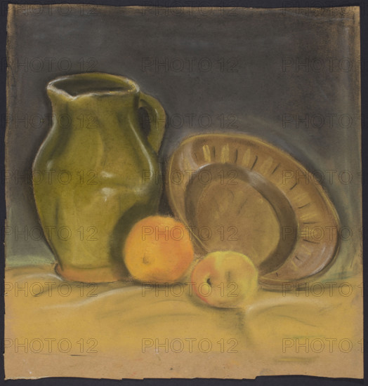 Still Life with a Jug, a Plate and Apples. Hanna Rembowska (1912–1947). The drawing is a study made during her studies at the Municipal School of Decorative Arts and Painting in Warsaw, where Rembowska studied from 1932. Typical of 'studies from nature' of models set up in the school's studio, it is drawn with faded pastel in tones of ochres, pinks, warm greens with highlights in white. 1933–1934. Warsaw. Drawing. Height 36.3 cm, width 34.8 cm.