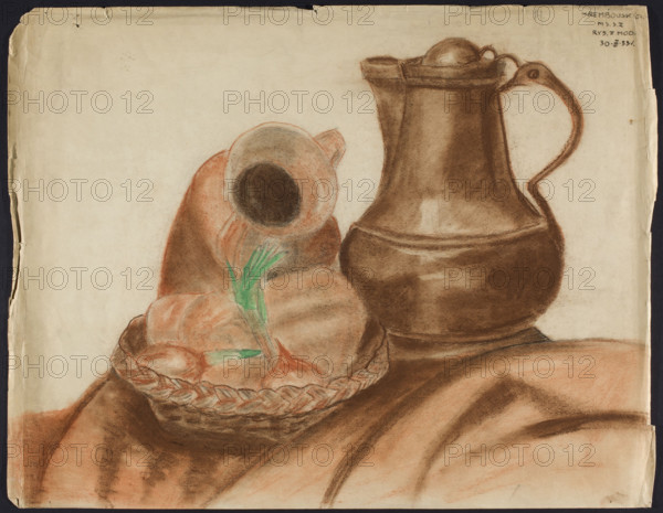 Still life; artist: Hanna Rembowska (1912–1947); illustrator: Maria Cukierówna (fl. ca. 1950–ca. 1975); subject: still lifes; Polish; 1933; Warsaw; drawing; height 44.5 cm, width 58.5 cm