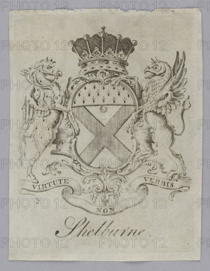 Graphic print, bookplate, 2nd half of the 18th–1st half of the 19th century. In the center, a coat of arms shield decorated with ornaments, supported by a griffin (right) and a winged horse (left); at the top a rank crown; below, a ribbon with an inscription. Heraldic animals, horses, acanthus ornamentation, cartouches, griffins, coats of arms, heraldic bookplate style, Latin inscriptions. Made for the Shelburne family; graphic artist.