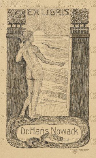 Woldemar Leiteritz (1878–1915), graphic artist. Bookplate (Ex Libris) for Dr. Hans Nowack. Allegorical-symbolic graphic print, before 1915. Subject elements: Eve (Bible), female nude, allegory, sun, light, sea (symbol), birds, snakes. Style: German graphic art; motifs: nudes, sunrises/sunsets. Function: bookplate.