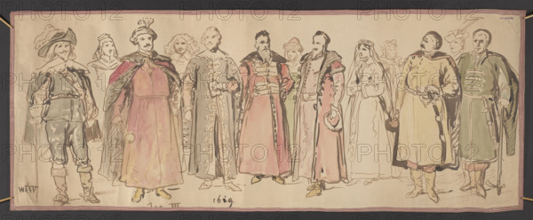 Polish costumes from the 17th century: the times of Wladyslaw IV Vasa and Jan III Sobieski, Gerson, Wojciech (1831–1901), draughtsman, costume studies, Wladyslaw IV Vasa (King of Poland; 1595–1648), Jan III Sobieski (King of Poland; 1629–1696), Polish kings, 17th century (costume), 1860–1872, Warsaw, drawing, watercolor, height 44 cm, width 114 cm