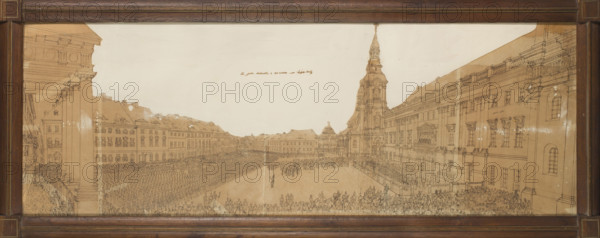 A large statue in front of the palace of the Kalisz Voivodeship Commission on St. Peter's Square; Joseph's Cathedral in Kalisz, organized on the occasion of the meeting of Emperor Wilhelm I and Tsar Alexander II; study for a painting by Antonio Sacchetti (1790–1870); studies for paintings of military maneuvers by Mathias Bersohn (1824–1908); depicts army, Prussians, Russians, rulers, monarchs' meeting, state ceremonies, mass scenes; city view of Kalisz (Greater Poland Voivodeship) showing churches, palaces, city square and urban/residential/sacred architecture in a classicist style; Italian and Polish drawing; dated 1835; drawing by Franciszek Reinstein (1792–1853); dimensions: height 48 cm, width 136.5 cm.