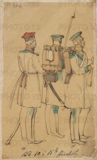 10th and 15th Line Infantry Regiment, color lithography in the album 'Polish Army. Collection of all types of Polish army in 1831', draughtsman Wladyslaw Czachórski (1850–1911), lithographic workshop of Karol Antoni Simon (Poznan; 1819–1841), publisher Mielcarzewicz Teofil (1807–1879), draughtsman, tracings, pattern books, historical monuments, Polish soldiers, costume studies, after 1870, Munich, drawing in an album, drawing, watercolor, height 13.1 cm, width 7.7 cm