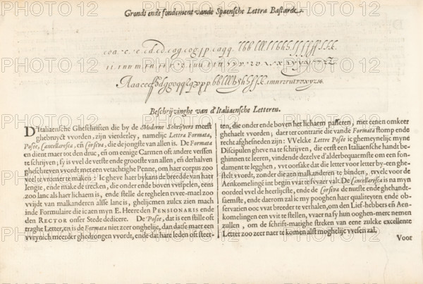 Writing example of the Spaensche Lettera Bastarde and the beginning of the description about the Italian hands, Descriptionhe van d'Italiaensche Letteren, Instructie vande Spaensche Letter, Fondement-Boeck, Spieghel der Schriftkonste, print, album page, text sheet, Folio C1v with a writing example entitled: Grondt ende foundation of the Spanish Lett(e)ra Bastarde. Below that is the beginning of the description about the Italian hands. The sheet is part of an album., printmaker: Simon Frisius, Haarlem, after design by Jan van de Velde (I), writer (clerical worker): Jan van de Velde (I), Rotterdam, publisher: Jan van de Velde (I), 1605, Jan van de Velde (I), Simon Frisius, printmaker, after design by, writer (clerical worker), publisher, paper, letterpress printing, engraving, text in letterpress, height 72 mm x width 235 mm, height 210 mm x width 315 mm, calligraphy, A wide, aged sheet of paper with printed calligraphic strokes and decorative looping penmanship near the top center and a...