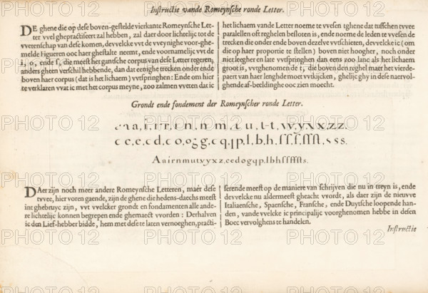 Description and writing example of the Roman round letter, Instruction of the Roman round letter, Fondement-Boeck, Spieghel der schrijfkonste, print, album page, text sheet, Folio B2v with a writing example titled: Ground and fondament of the Roman round letter. The sheet is part of an album., printmaker: Simon Frisius, Haarlem, after design by Jan van de Velde (I), Rotterdam, 1605, writer (clerical worker), paper, letterpress printing, engraving, woodcut, text in letterpress, height 63 mm x width 241 mm, height 210 mm x width 315 mm, calligraphy, A sheet with an aged, cream-colored background and uneven discoloration, showing printed columns of dark ink text with decorative initial characters and ornamental headings, separated by a central blank area containing lines of stylized alphabetic characters arranged in rows, each row centered and evenly spaced, with distinctive serifs and varied stroke thicknesses; faint spots, smudges, and edge wear are visible across the page, including a ...