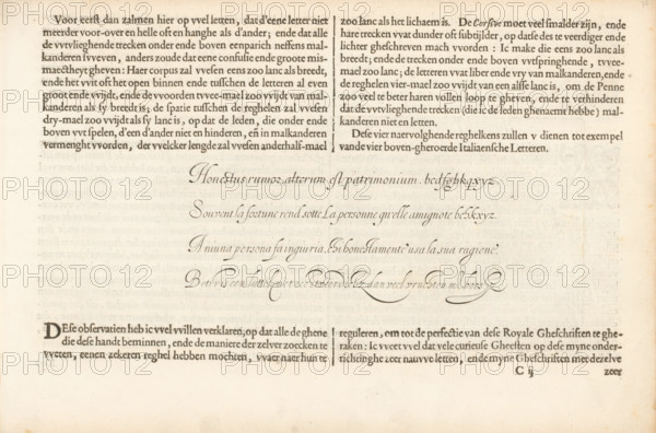 Description of Italian Literature, Description of Italian Literature (continuation) and a writing example, Fondement-Boeck, Spieghel der schrijfkonste, print, album page, text sheet, Folio C2r with a continuation of the description of Italian literature and a writing example with four lines of text in four hands: Honestus rumor ... The page is part of an album., printmaker: Simon Frisius, Haarlem, after design by Jan van de Velde (I), Rotterdam, 1605, writer (clerical worker), paper, letterpress printing, engraving, text in letterpress, height 110 mm x width 236 mm, height 210 mm x width 315 mm, calligraphy, A aged cream-colored page with printed and handwritten text arranged in distinct sections, the top portion containing two narrow columns of dark serif type separated by a thin vertical rule, the center area featuring several lines of flowing cursive script in a darker ink with elegant loops and varied stroke widths, and the lower area showing another block of serif text with larger...